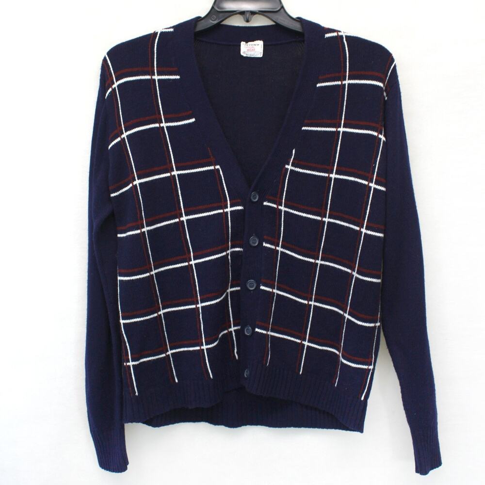 Arrow Men's Navy Sweater Cardigan Button Casual Wear Plaid Cozy Preppy Medium